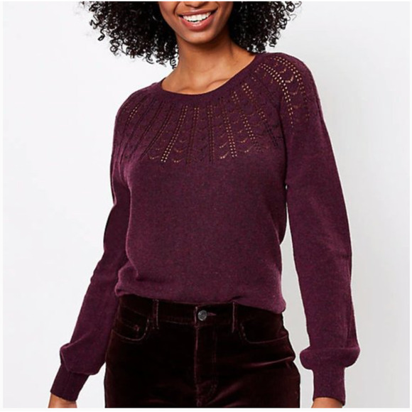 Loft Sweater Women XL Pointelle Yoke in Deep Cabernet Pullover Cut Out Knit - Picture 1 of 9
